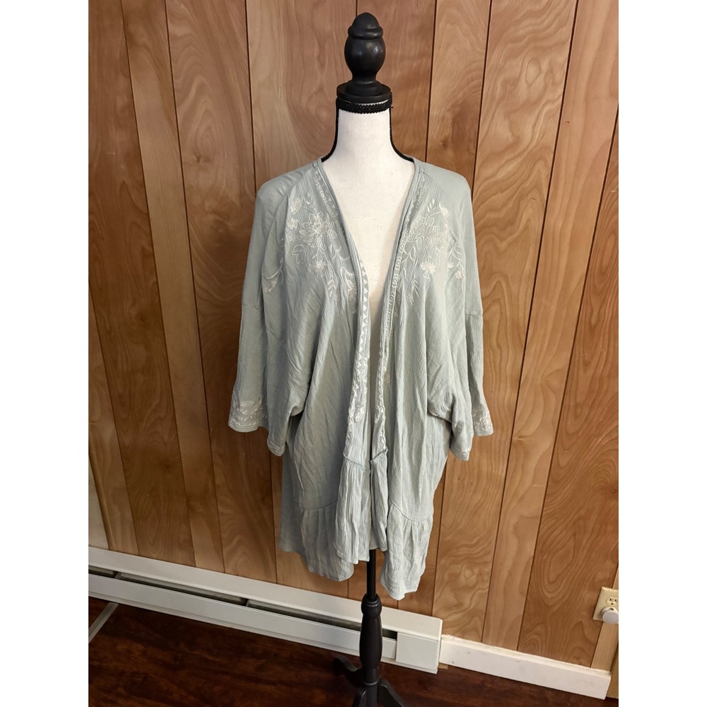 Love Fire Sage Green Embroidered Kimono Cardigan XL Boho Floral Open Front Top